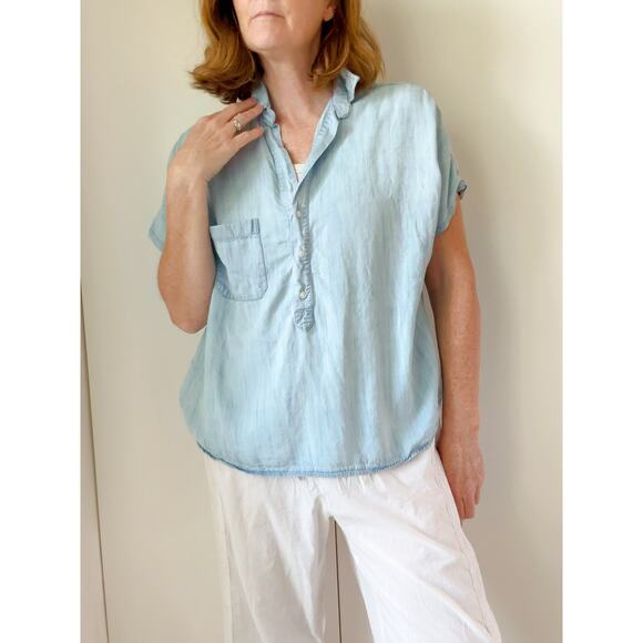 Grayson Denim Chambray Cropped Blouse Size 02 Classic Minimalist Closet Staple - Picture 3 of 8